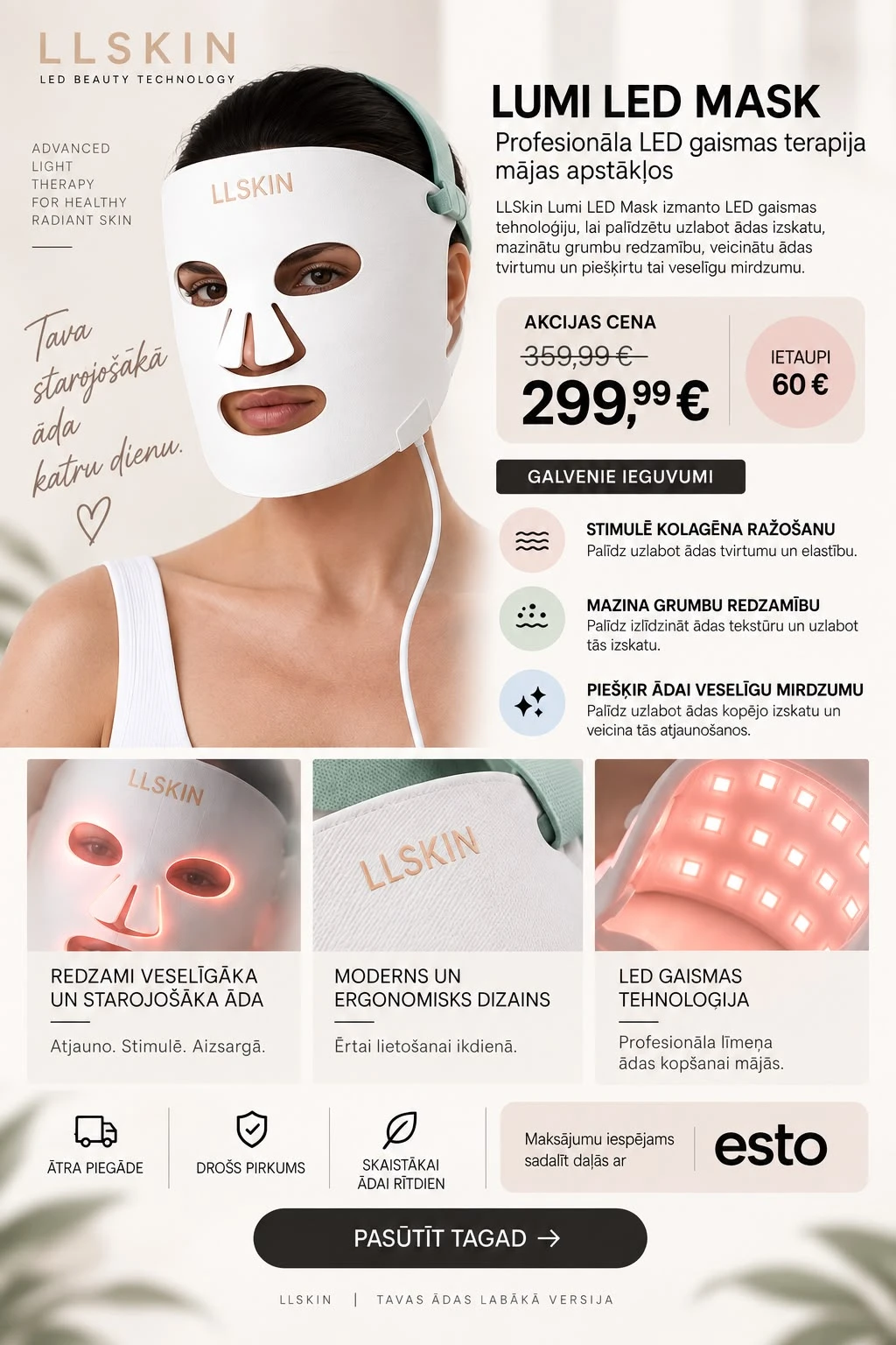 Lumi LED maska ar siltu un sarkanu gaismu, uz sejas, ar LLSKIN logo.