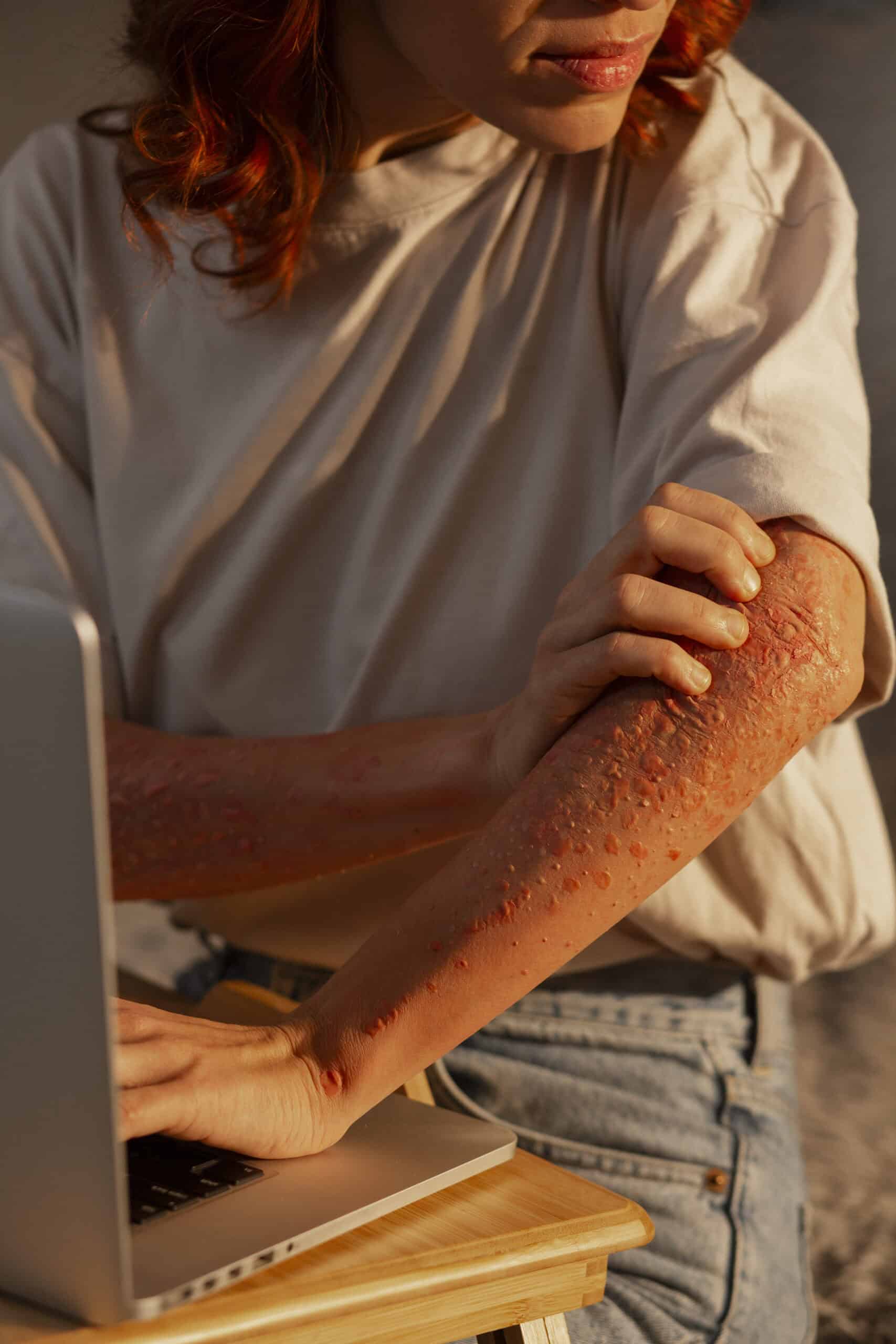 front view woman experiencing skin disease